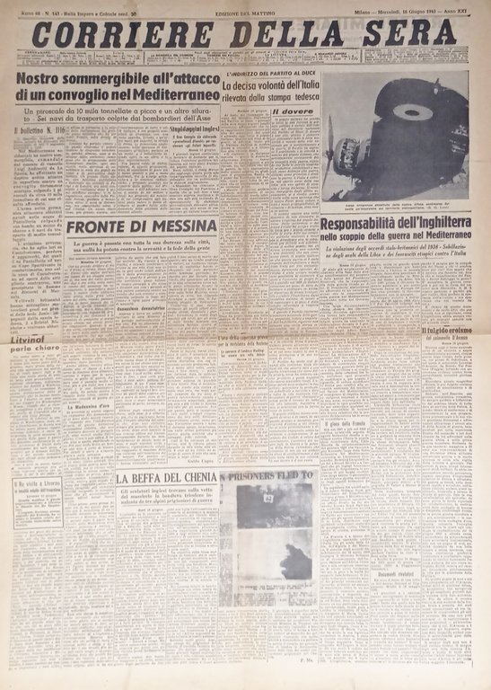 Quotidiano - Corriere della Sera N. 143 - 1943 Fronte … | Immagine Gallery 1