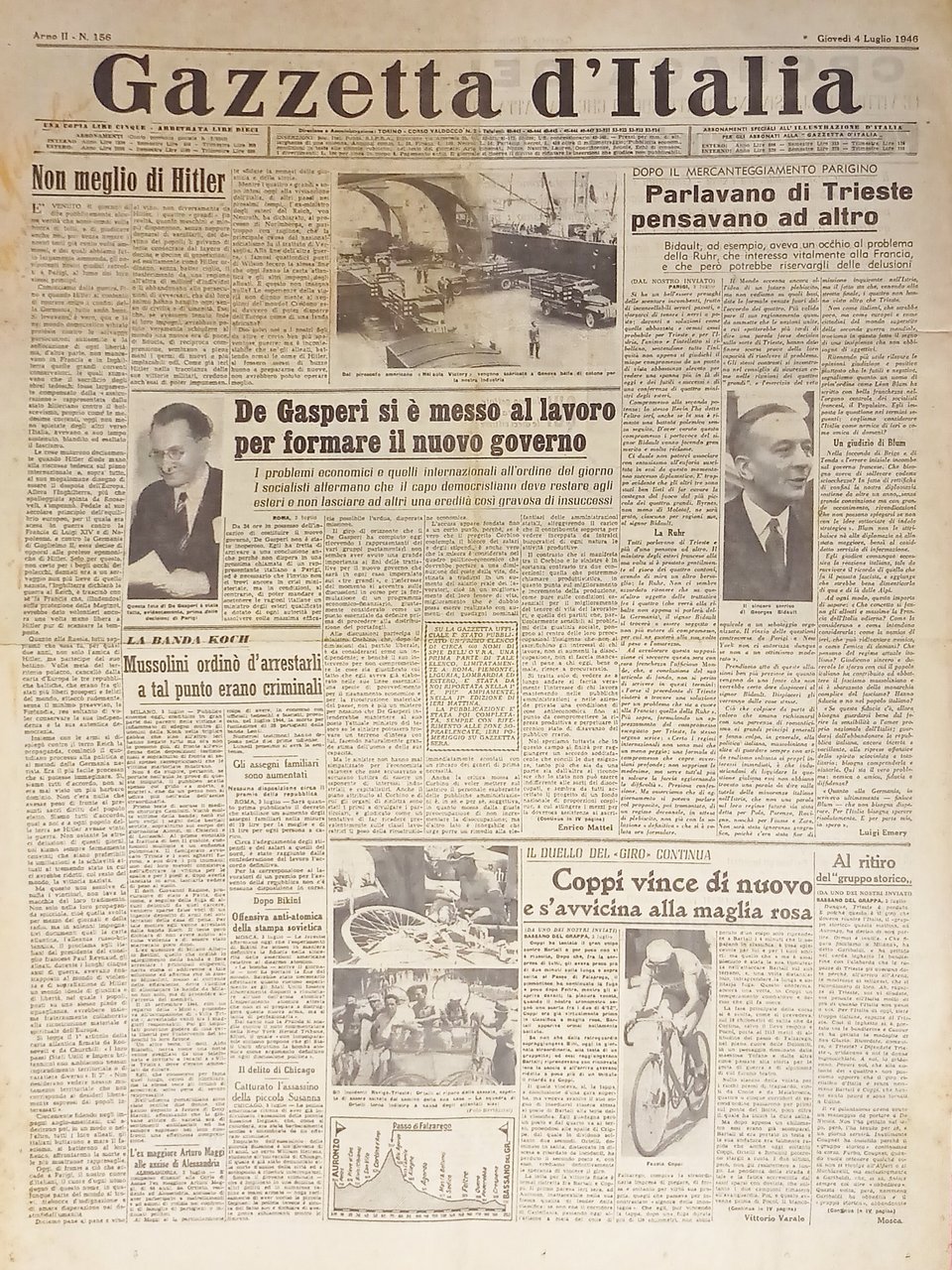 Quotidiano - Gazzetta d'Italia n. 156 - 1946 De Gasperi …