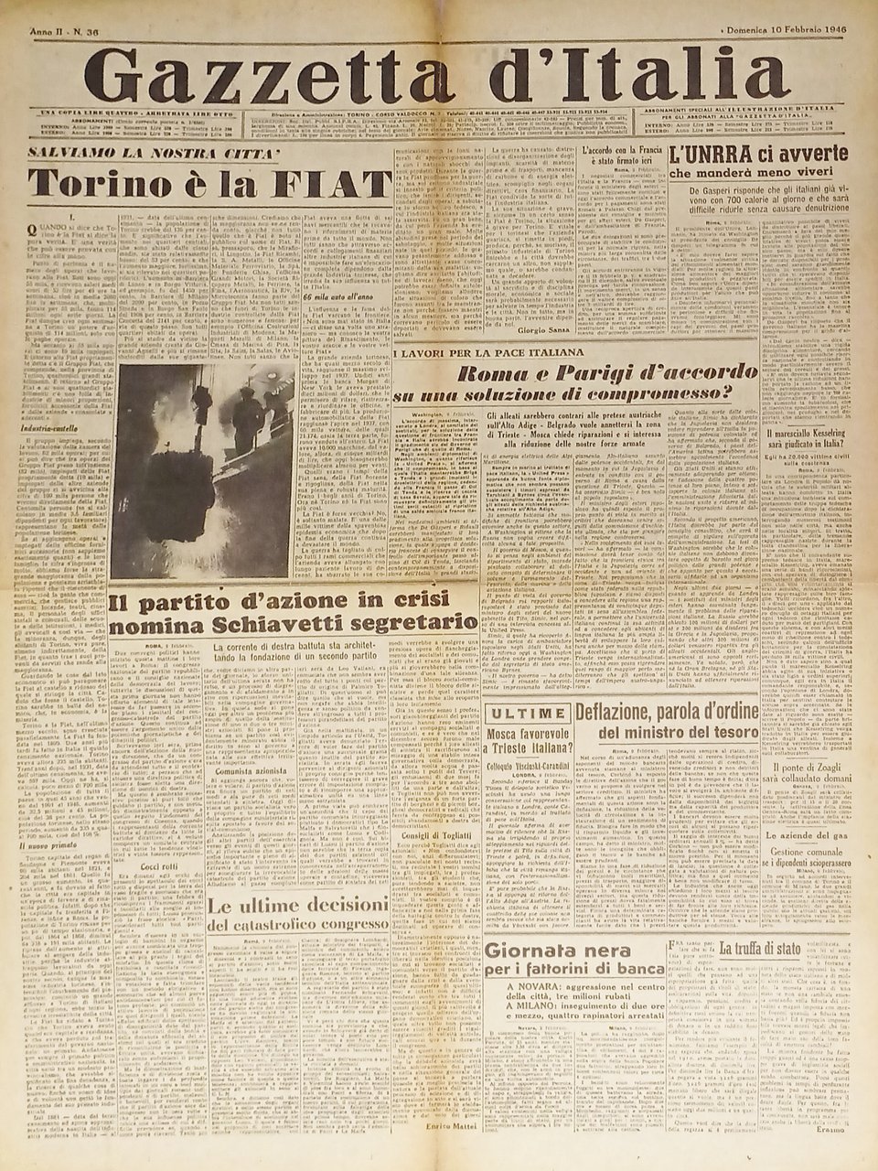 Quotidiano - Gazzetta d'Italia n. 36 - 1946 Torino è …