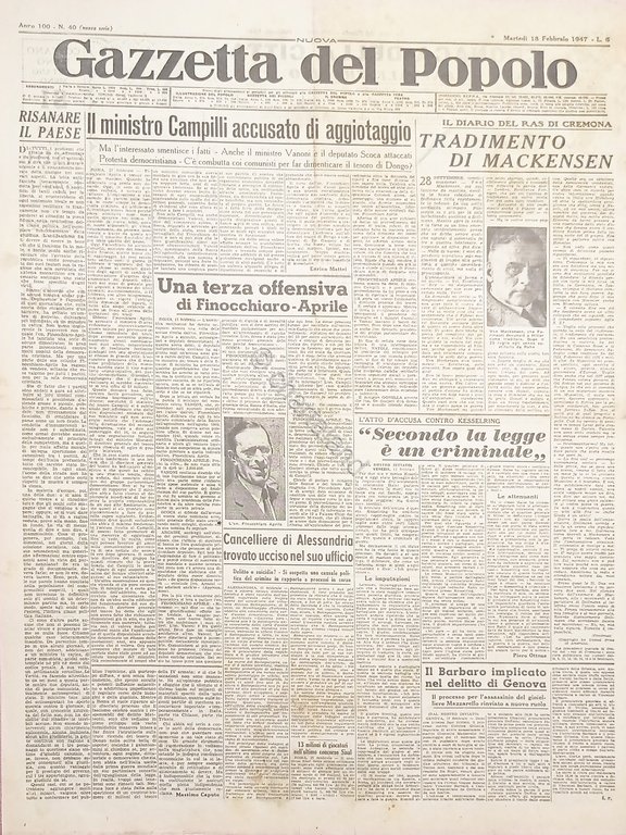 Quotidiano - Gazzetta del Popolo N. 40 - Tradimento di Mackensen - 1947