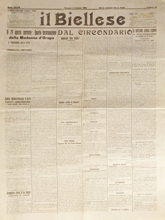 Quotidiano - Il Biellese N. 65 - 1920 Quarta Incoronazione … | Immagine Gallery 1