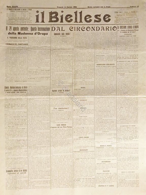 Quotidiano - Il Biellese N. 65 - 1920 Quarta Incoronazione … | Immagine Gallery 2