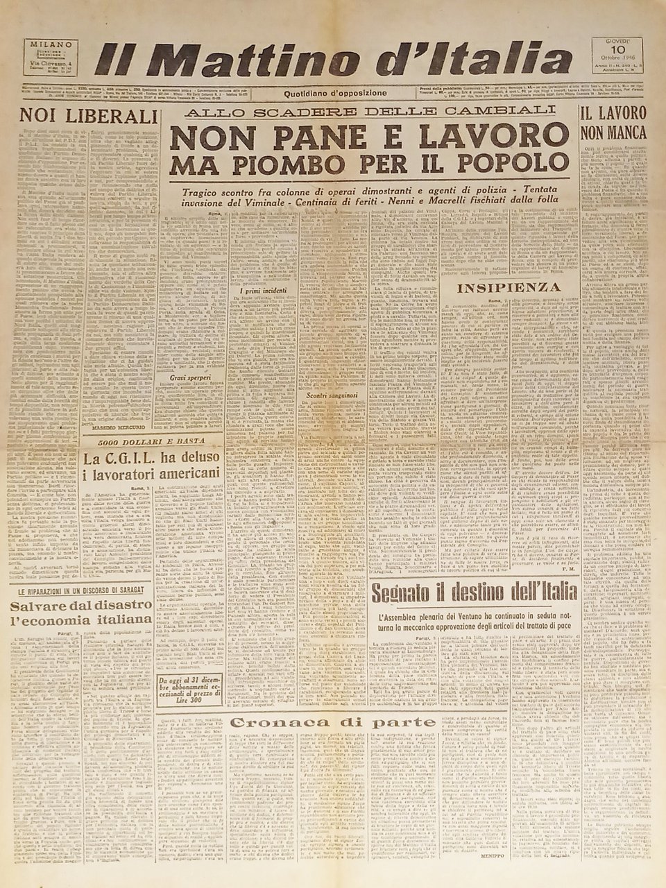 Quotidiano - Il Mattino d'Italia N. 240 - 1946 Piombo …