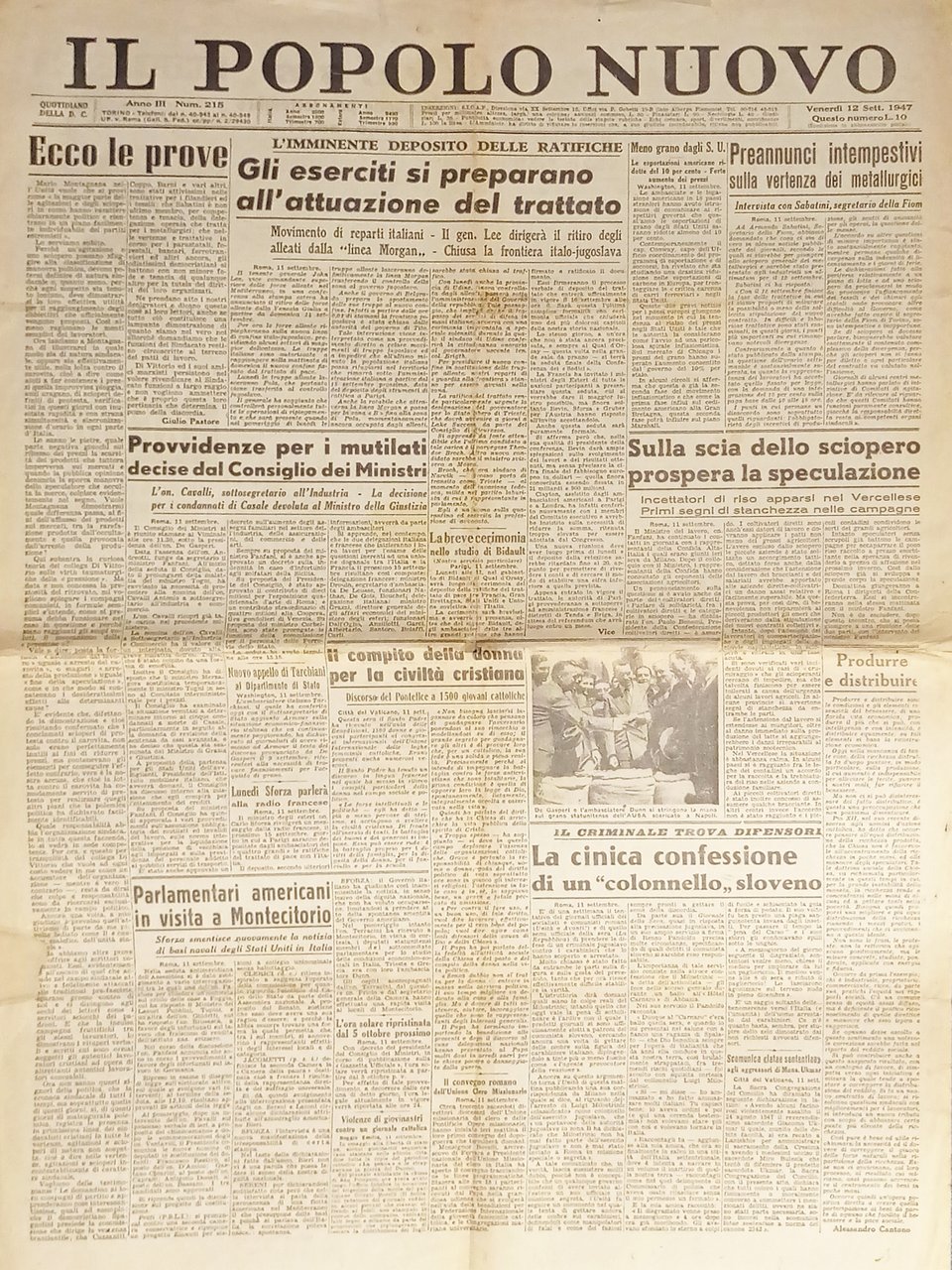 Quotidiano - Il Popolo Nuovo N. 215 - 1947 Provvidenze … | Immagine principale