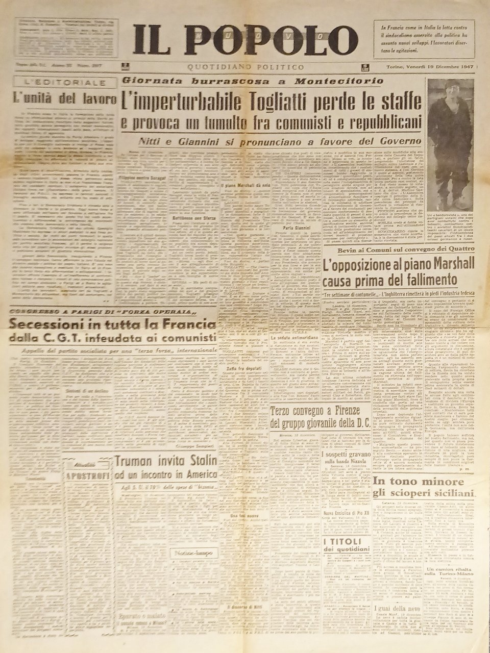Quotidiano - Il Popolo Nuovo N. 297 - 1947 Togliatti … | Immagine principale