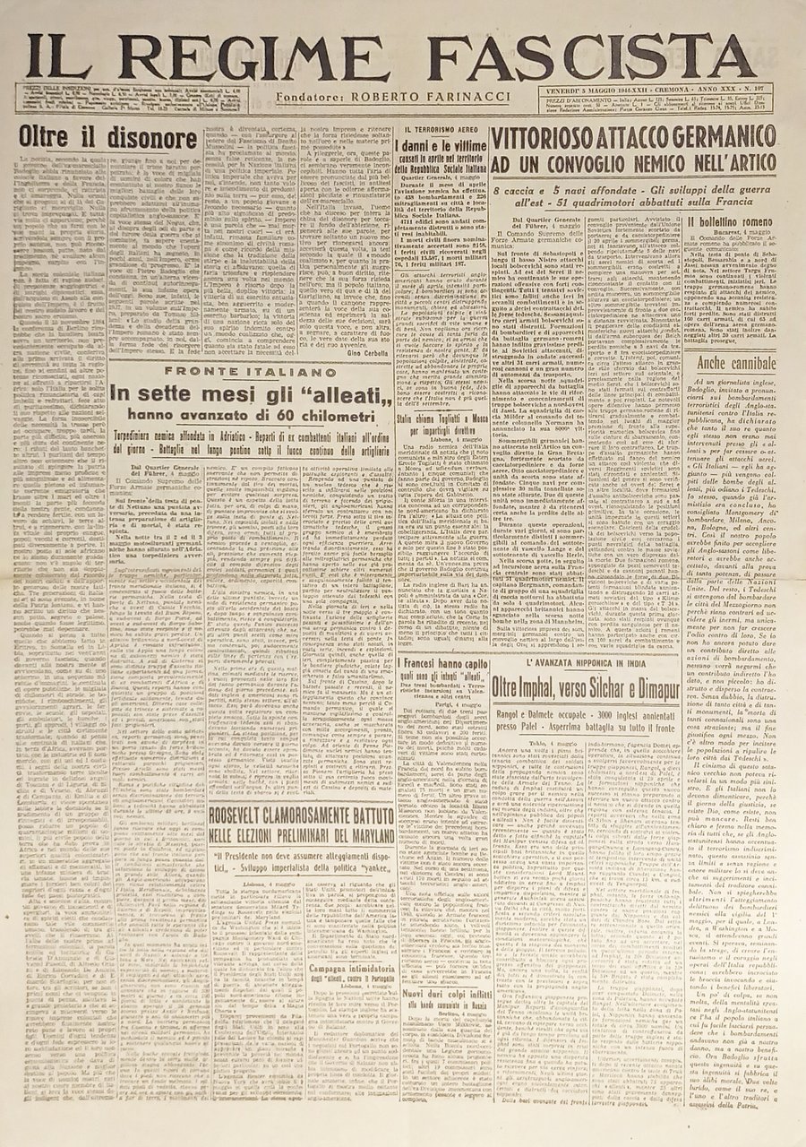 Quotidiano - Il Regime Fascista n. 107 - 1944 Vittorioso …