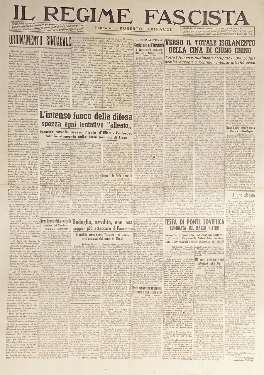 Quotidiano - Il Regime Fascista n. 113 - 1944 Verso …