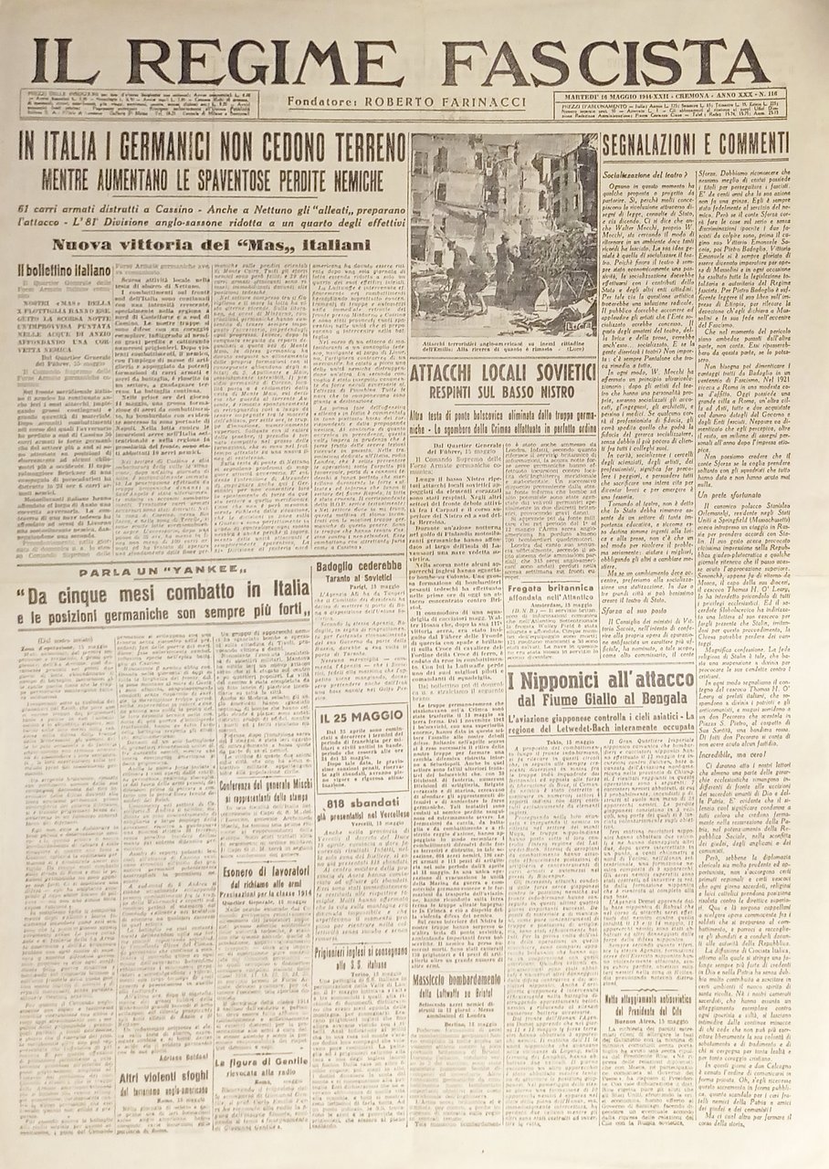 Quotidiano - Il Regime Fascista n. 116 - 1944 Attacchi …