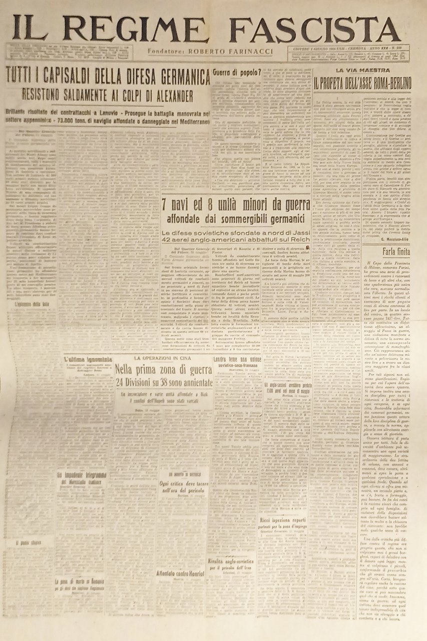 Quotidiano - Il Regime Fascista n. 130 - 1944 Capisaldi …