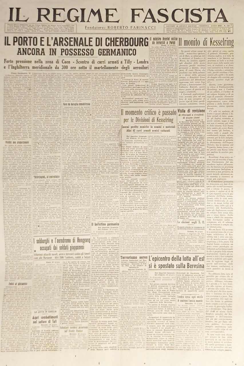 Quotidiano - Il Regime Fascista n. 154 - 1944 Porto …