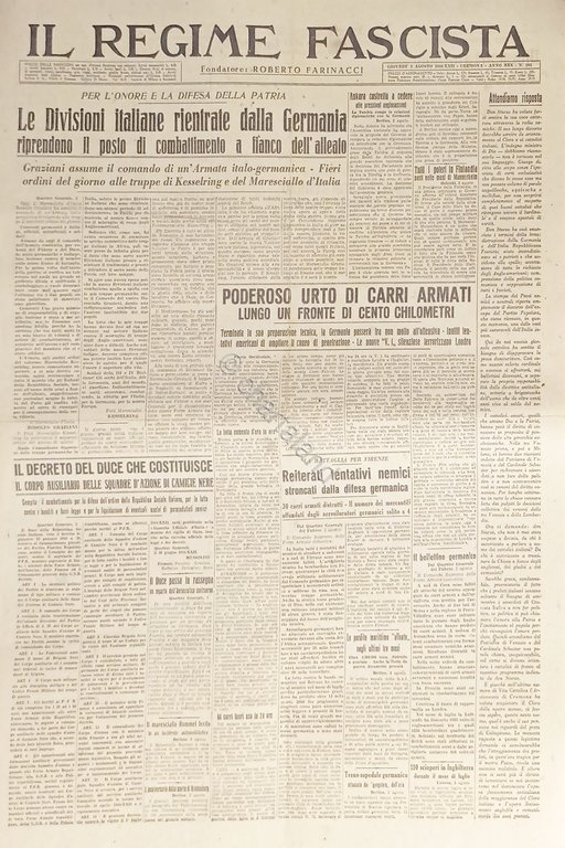 Quotidiano - Il Regime Fascista n. 184 - 1944 Divisioni …