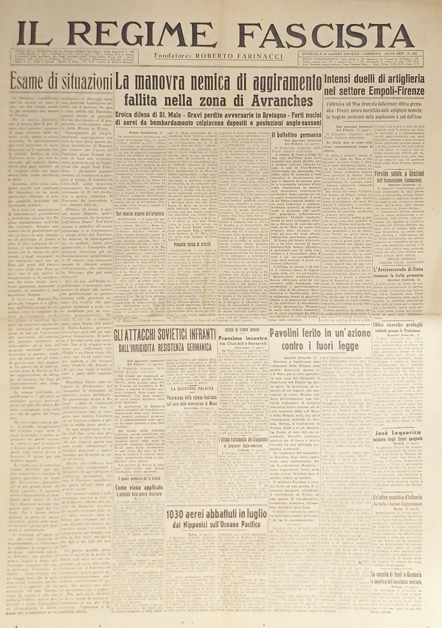 Quotidiano - Il Regime Fascista n. 193 - 1944 Artiglieria …