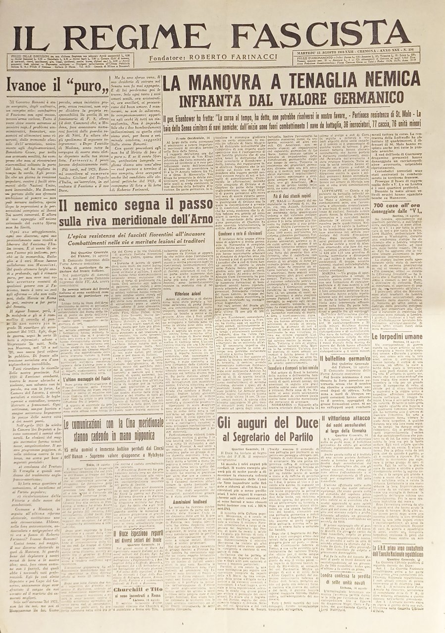 Quotidiano - Il Regime Fascista n. 194 - 1944 La …