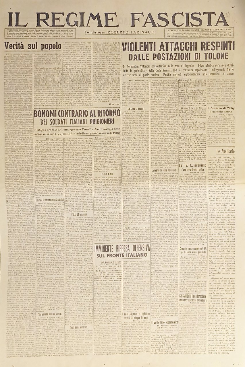 Quotidiano - Il Regime Fascista n. 199 - 1944 Violenti …