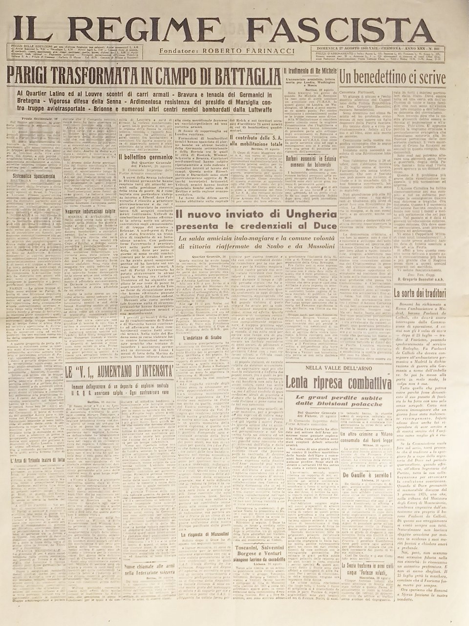 Quotidiano - Il Regime Fascista n. 205 - 1944 Parigi …