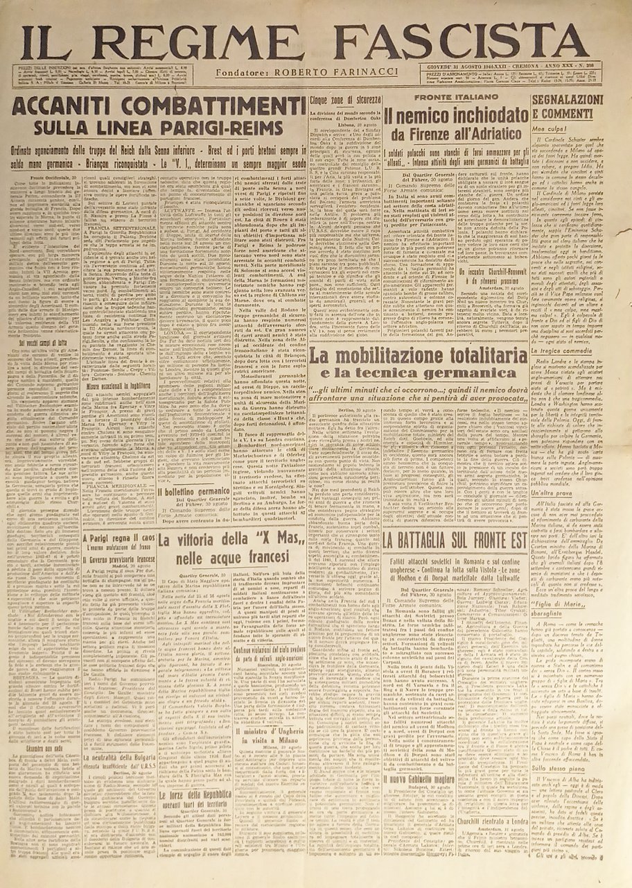 Quotidiano - Il Regime Fascista n. 208 - 1944 Combattimenti …