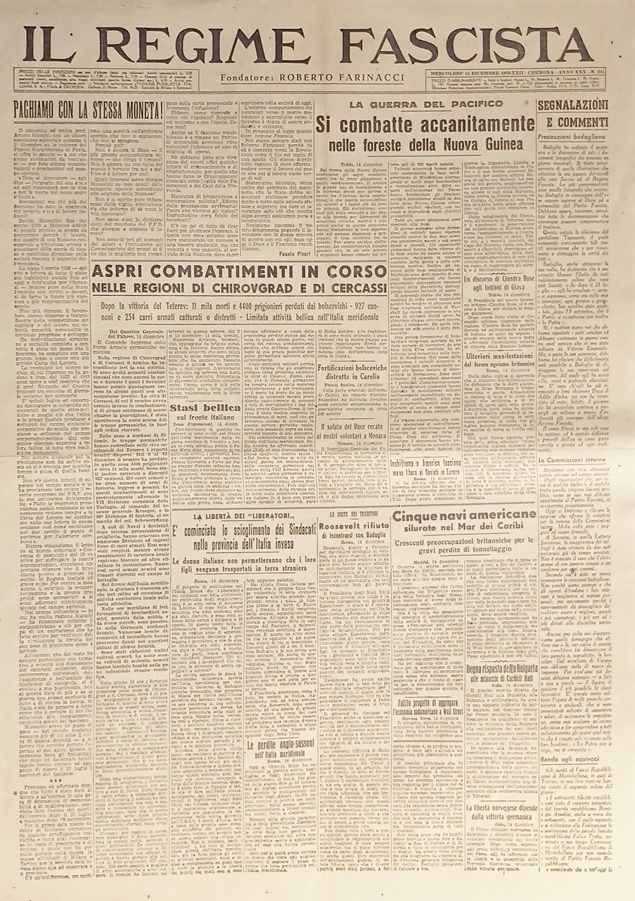 Quotidiano - Il Regime Fascista n. 245 - 1943 Aspri …