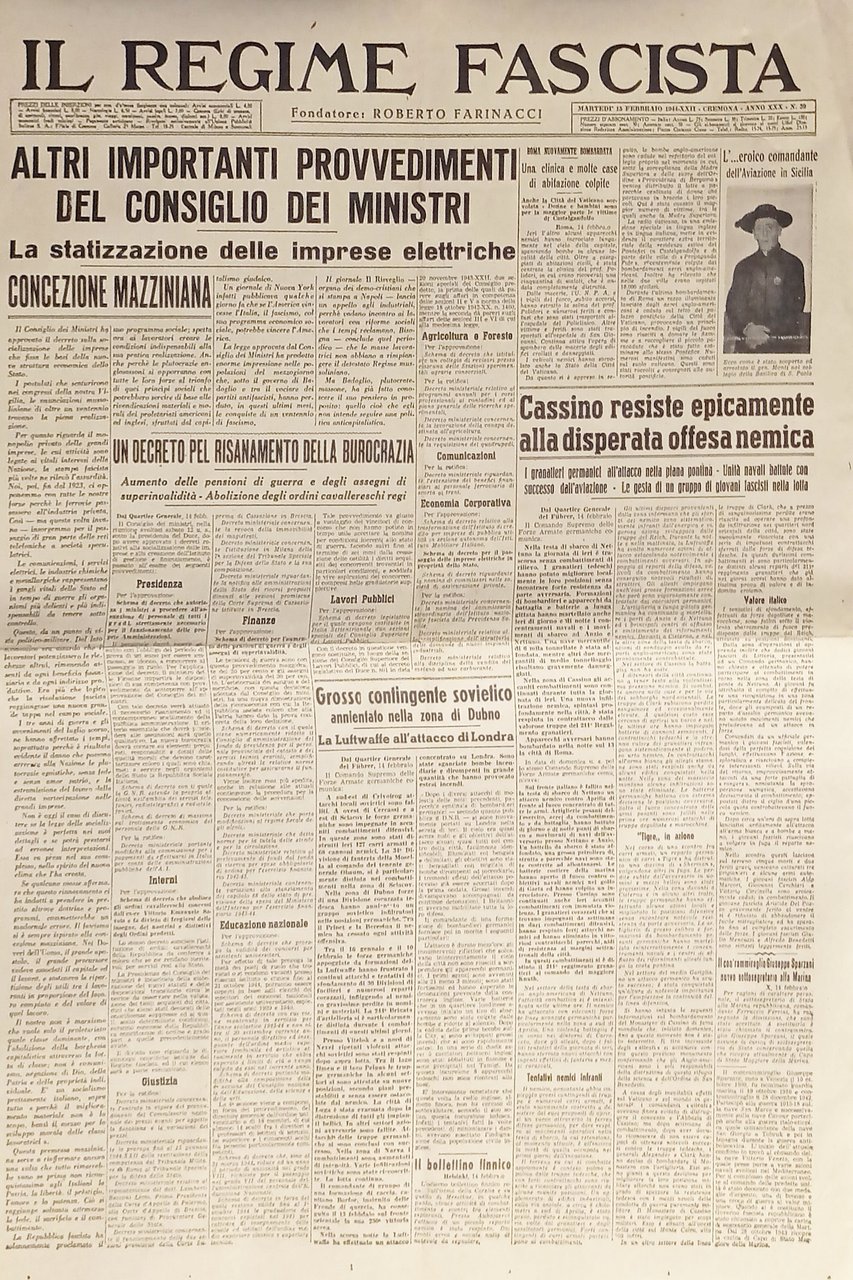 Quotidiano - Il Regime Fascista n. 39 - 1944 Cassino …