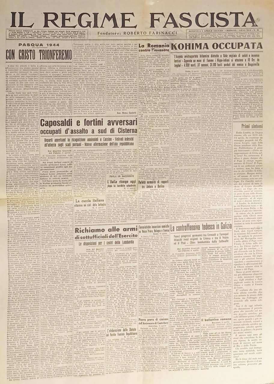 Quotidiano - Il Regime Fascista n. 85 - 1944 Kohima …