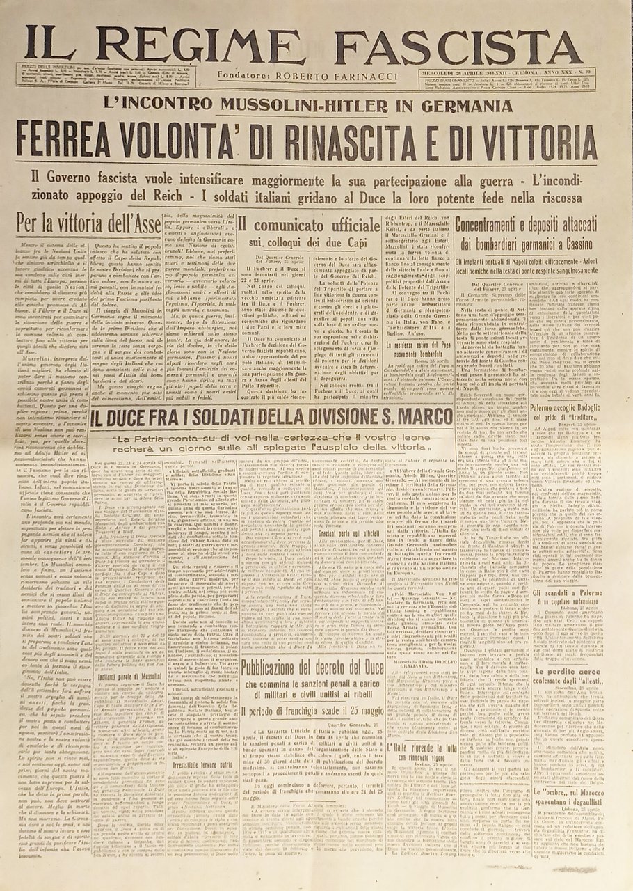 Quotidiano - Il Regime Fascista n. 99 - 1944 Ferrea …