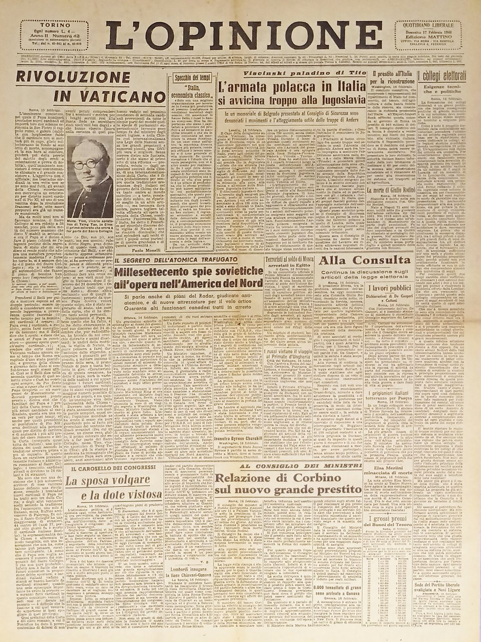 Quotidiano - L'Opinione n. 42 - 1946 Rivoluzione in Vaticano | Immagine principale