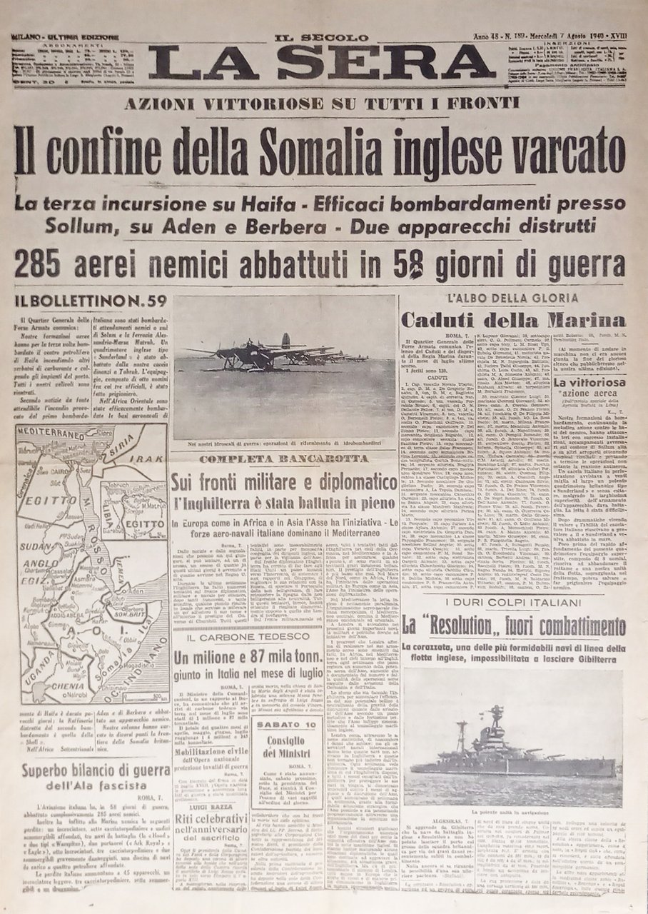 Quotidiano - La Sera N. 189 - 1940 Il confine …