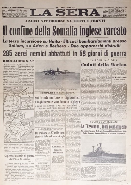 Quotidiano - La Sera N. 189 - 1940 Il confine …