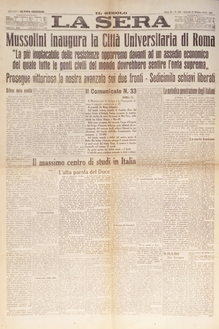 Quotidiano - La Sera N. 260 - 1935 Mussolini inaugura … | Immagine principale