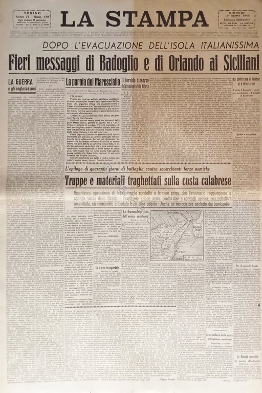 Quotidiano - La Stampa N. 198 - 1943 Messaggi di Badoglio e Orlando ai Siciliani