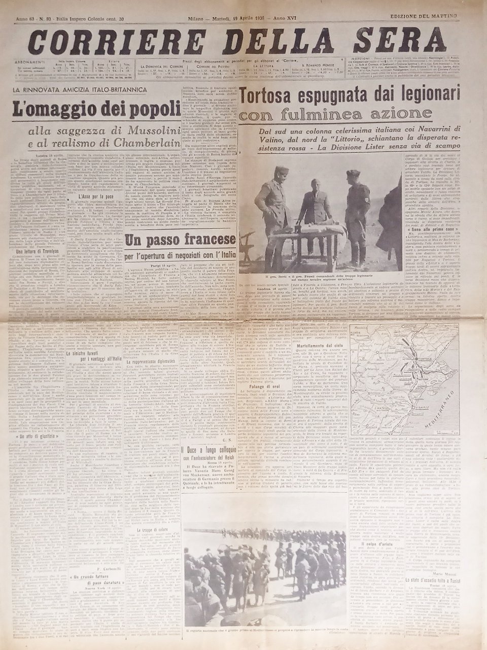 Quotidiano Corriere della Sera N. 93 - 1938 Rinnovata amicizia …