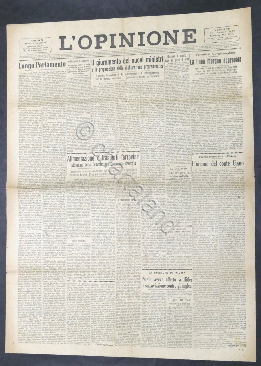 Quotidiano di Torino - L'Opinione - N. 50 - 1945 … | Immagine principale