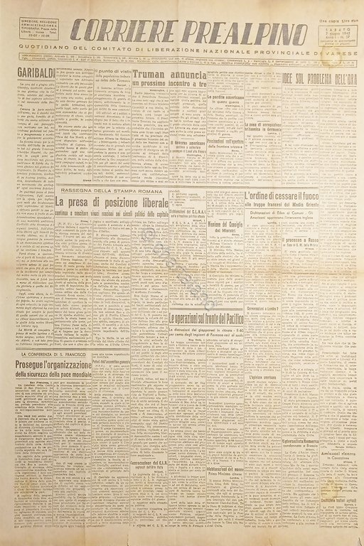 Quotidiano di Varese - Corriere Prealpino N. 37 Anno I - Truman annuncia - 1945