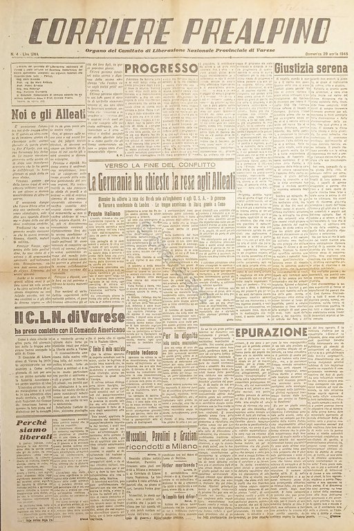 Quotidiano di Varese - Corriere Prealpino N. 4 - La fine del conflitto - 1945