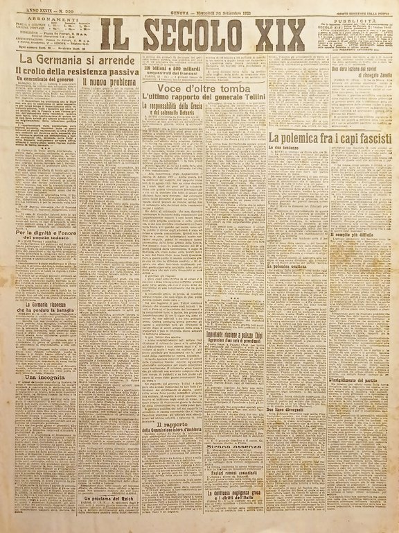 Quotidiano Genova - Il Secolo XIX - n. 229 - Polemica fra i capi fascisti - 1923