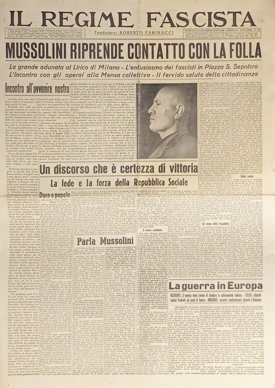 Quotidiano Il Regime Fascista n.301 - 1944 Mussolini riprende contatto …