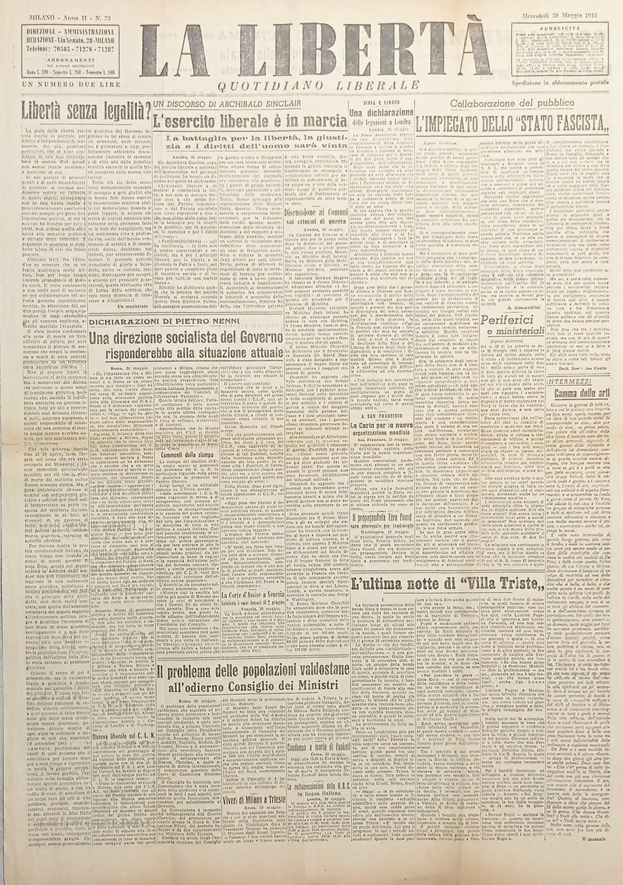 Quotidiano Liberale La Libertà N. 33 Direzione socialista Governo 30 … | Immagine principale