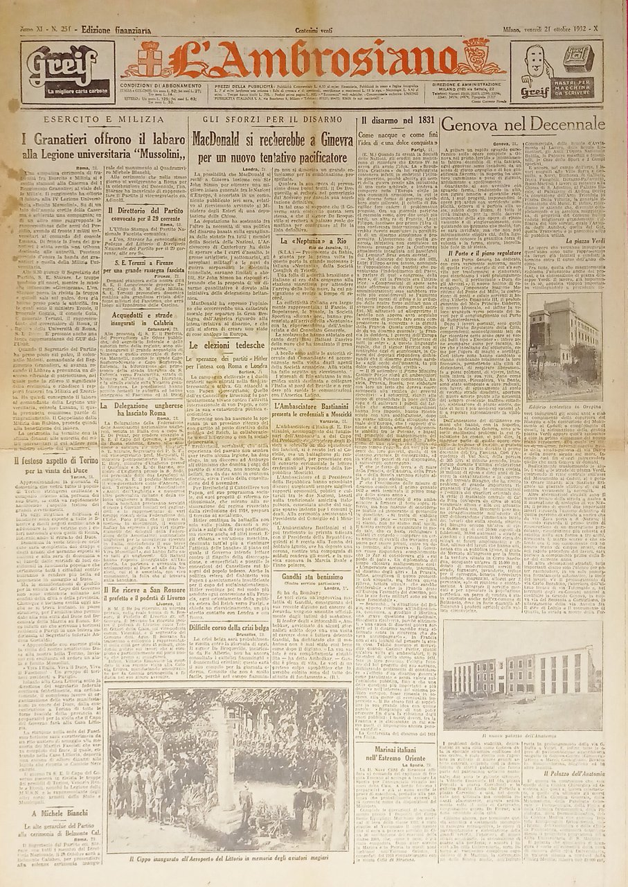 Quotidiano Milano - L'Ambrosiano n. 251 - 1932 McDonald si …
