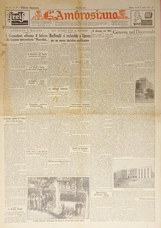 Quotidiano Milano - L'Ambrosiano n. 251 - 1932 McDonald si recherebbe a Ginevra