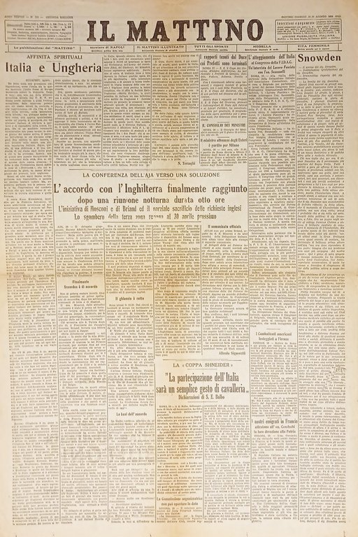 Quotidiano Napoli - Il Mattino n. 206 - 1929 Italia e Ungheria