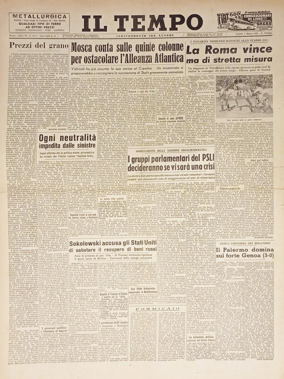 Quotidiano Roma - Il Tempo n. 66 - 1949 Mosca …
