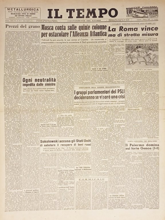 Quotidiano Roma - Il Tempo n. 66 - 1949 Mosca conta sulle quinte colonne
