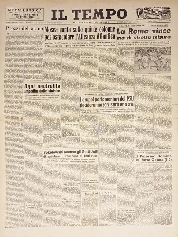 Quotidiano Roma - Il Tempo n. 66 - 1949 Mosca …