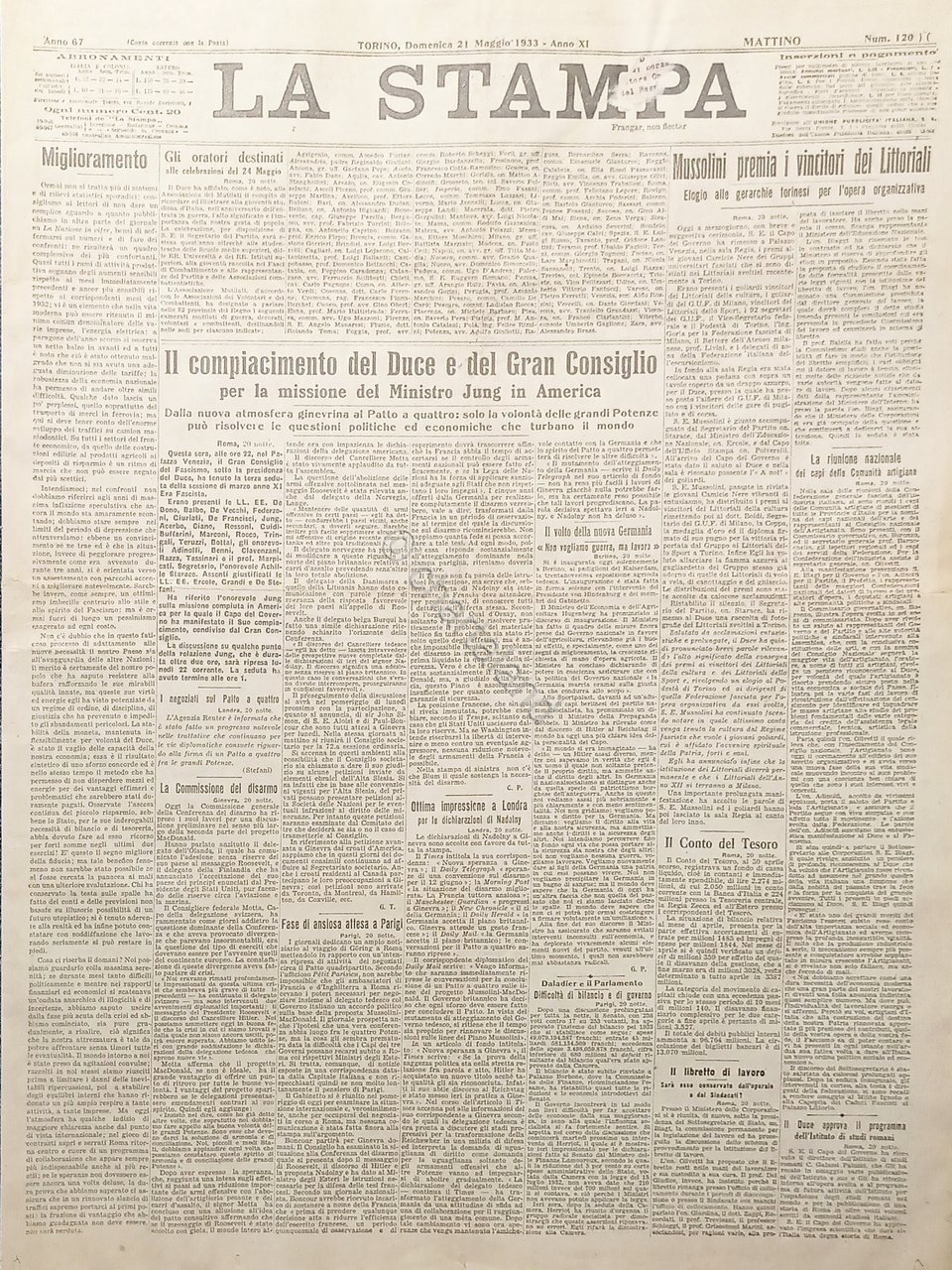 Quotidiano Torino - La Stampa N.120 Compiacimento del Duce e …