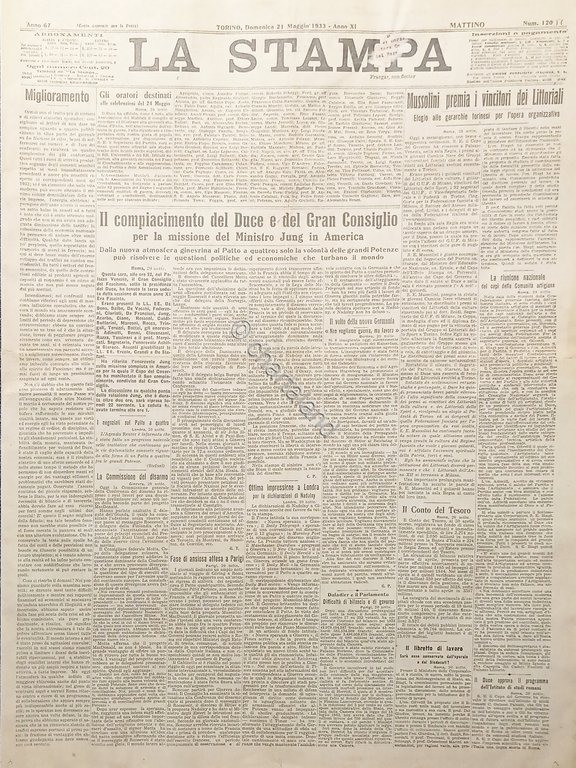 Quotidiano Torino - La Stampa N.120 Compiacimento del Duce e …