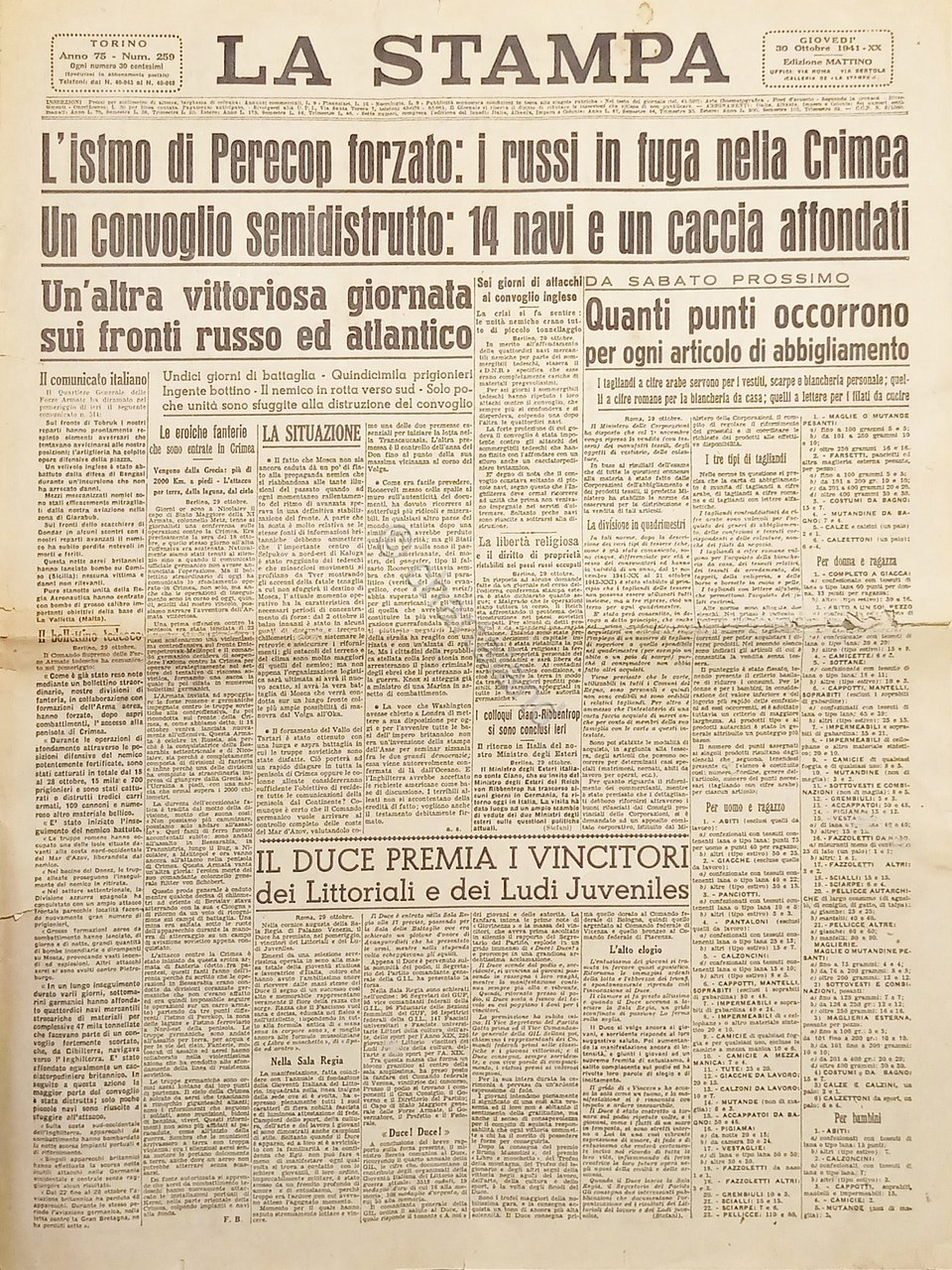 Quotidiano Torino - La Stampa N. 259 - 1941 I …