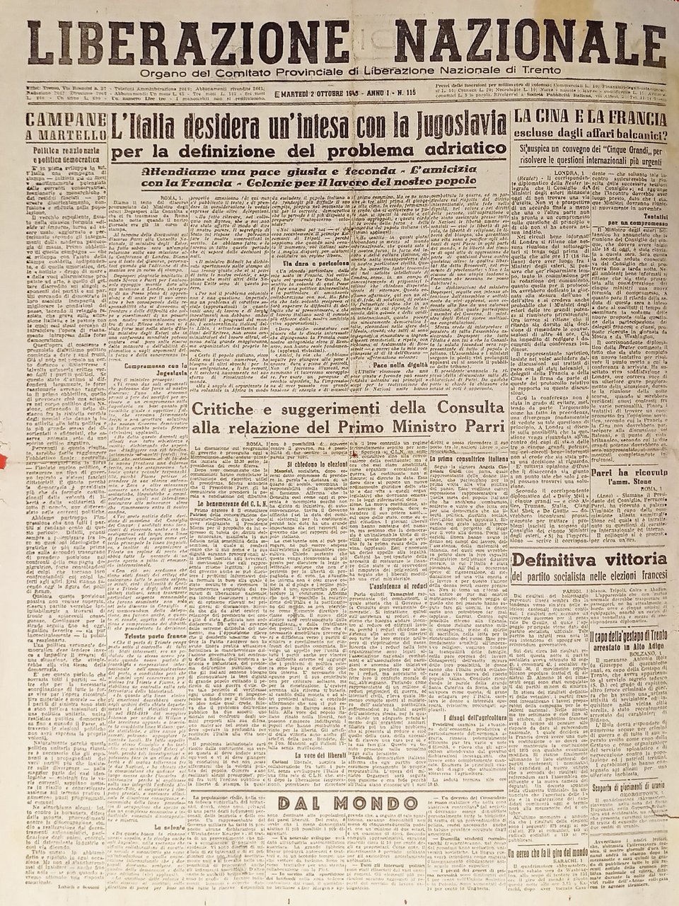 Quotidiano Trento - Liberazione Nazionale n. 115 - 1945 Intesa …