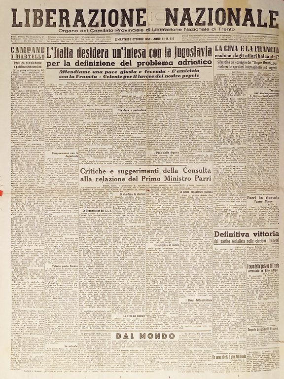 Quotidiano Trento - Liberazione Nazionale n. 115 - 1945 Intesa con Jugoslavia