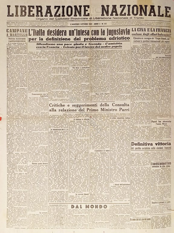 Quotidiano Trento - Liberazione Nazionale n. 115 - 1945 Intesa …