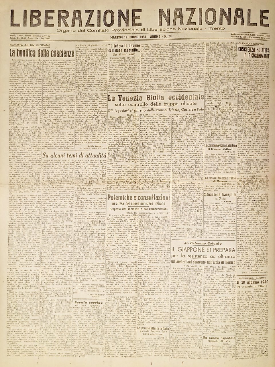 Quotidiano Trento - Liberazione Nazionale n.20 - 1945 Venezia Giulia … | Immagine principale