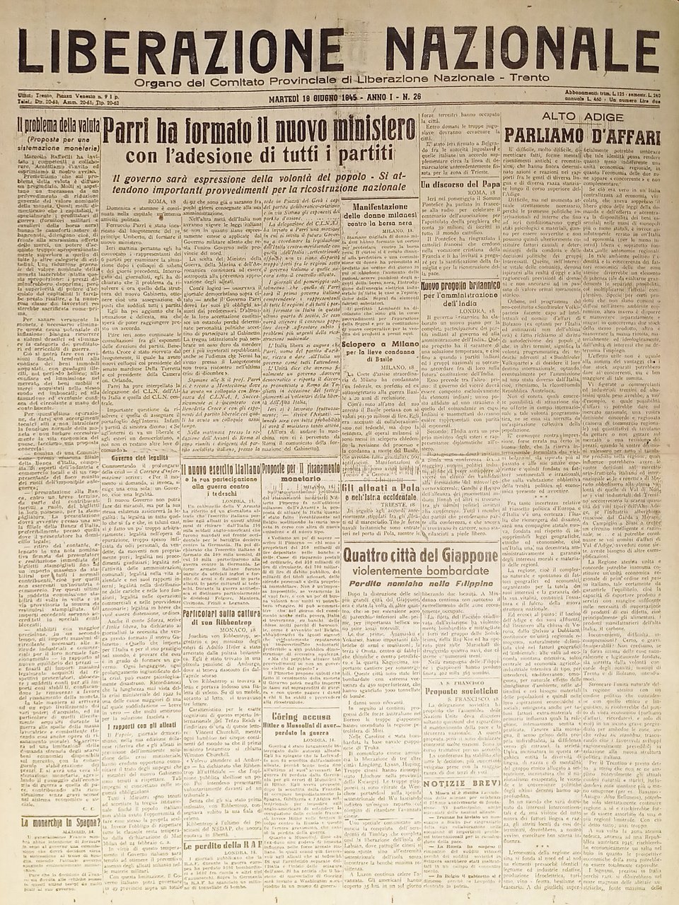 Quotidiano Trento - Liberazione Nazionale n.26 - 1945 Parri ha … | Immagine principale